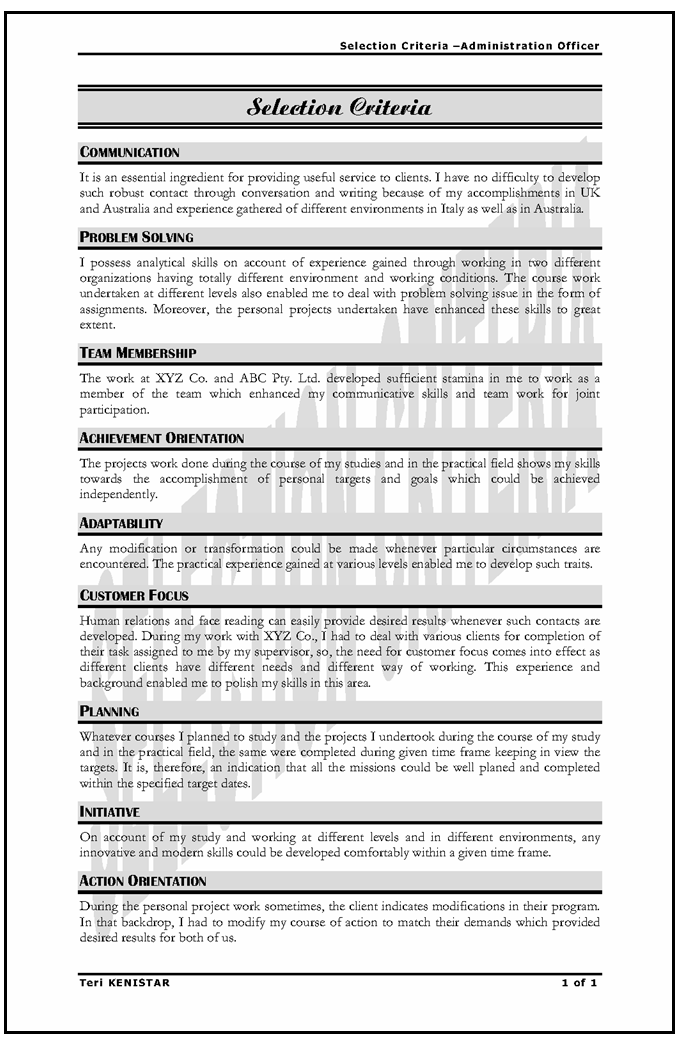 Problem solving skills selection criteria sample